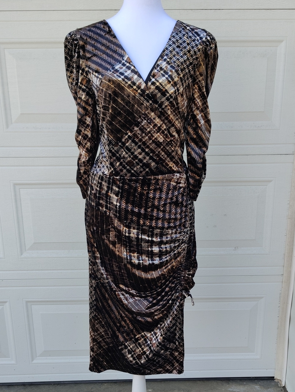 Vintage Eliza J Dark Burnout Plaid Velvet Ruched Slit Mini Dress Size 14 Party